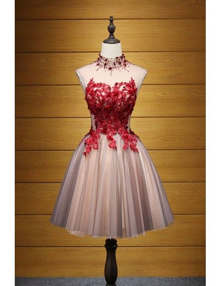 Special Ball-gown High Neck Short Tulle Homecoming Dress With Appliques Lace #AY096 $138.99 - GemGrace.com Special Ball-gown High Neck Short Tulle Homecoming Dress With Appliques Lace #AY096 $138.99 - GemGrace.com