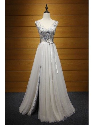 Dusty A-line V-neck Floor-length Tulle Prom Dress With Slit