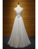 Dusty A-line V-neck Floor-length Tulle Prom Dress With Slit