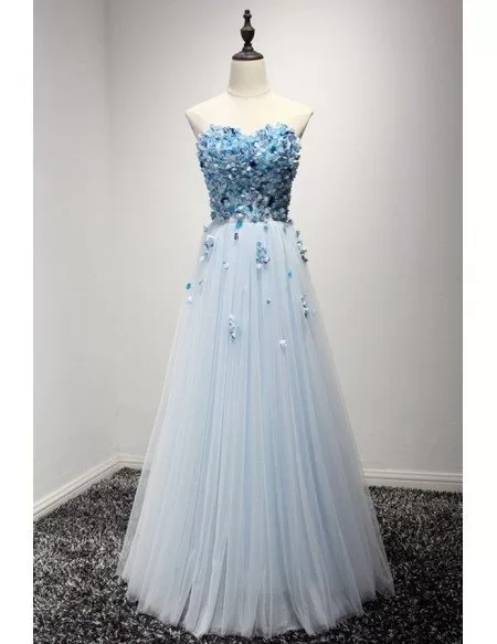 Blue A-line Sweetheart Floor-length Tulle Prom Dress With Flowers
