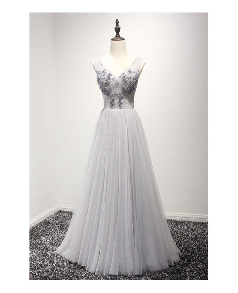 Princess V-Neck Floor-length Tulle Prom Dresses Taupe main image 1