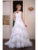 Ball-Gown V-neck Court Train Organza Wedding Dress With Flowers Pleated Ruffles