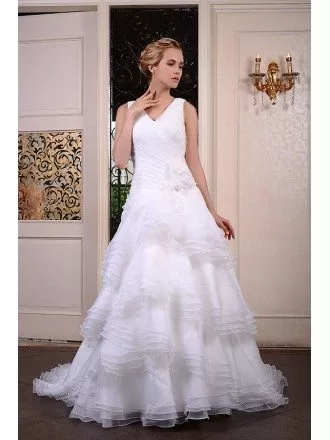 Ball-Gown V-neck Court Train Organza Wedding Dress With Flowers Pleated Ruffles