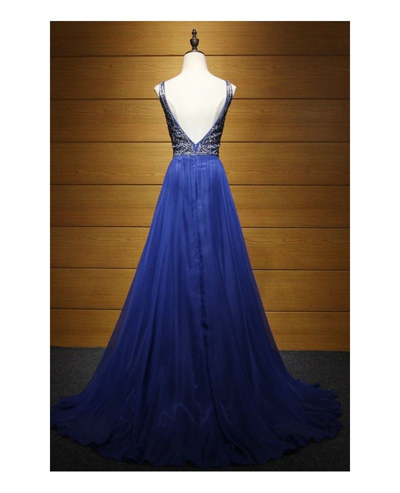 Glamour A Line V Neck Floor Length Tulle Prom Dress With Beading Ay106