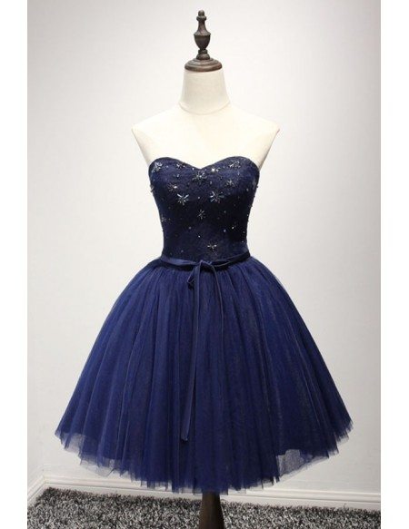 Navy Ball-gown Sweetheart Short Tulle Homecoming Dress With Beading