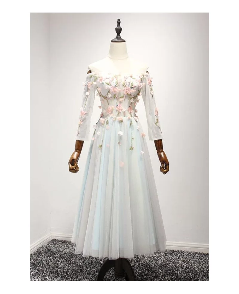 A-Line V-Neck Short Sleeves Tea-Length Tulle Homecoming Dresses main image 1