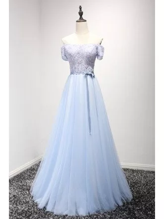 Feminine A-line Off-the-shoulder Floor-length Tulle Prom Dress With Beading