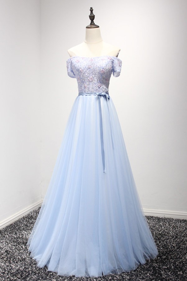 Feminine A-line Off-the-shoulder Floor-length Tulle Prom Dress With ...