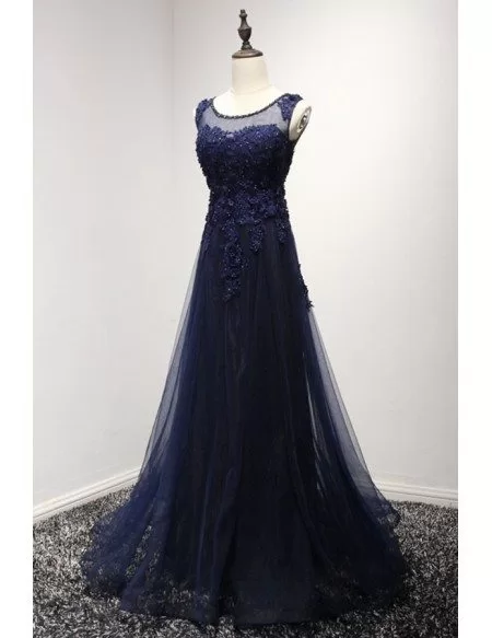 Navy Blue A-line Floor Length Scoop Beaded Party Dress, Navy Blue Prom Dress