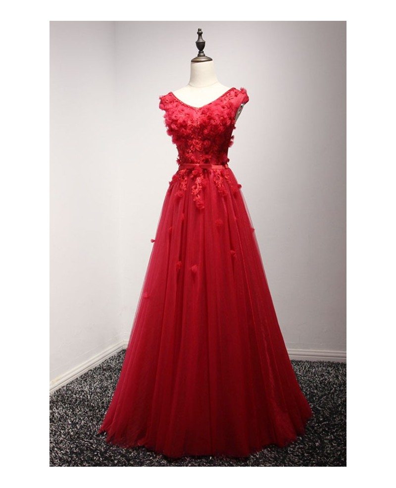Red A-line V-neck Floor-length Tulle Prom Dress With Flowers #AY115 ...
