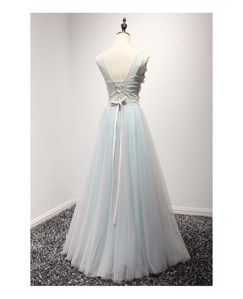 A Line V Neck Long Prom Dresses Tulle Beading Formal Evening Gowns