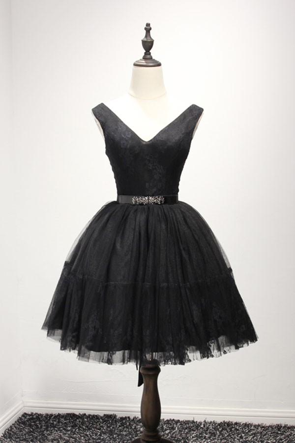 Black Ball-gown V-neck Short Tulle Homecoming Dress With Belt #AY124 ...