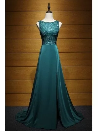 Gorgeous A-line Scoop Neck Sweep Train Satin Prom Dress With Beading