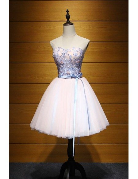 Blush Ball-gown Sweetheart Short Tulle Homecoming Dress With Appliques Lace