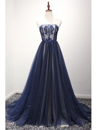 Navy Ball-gown Strapless Court Train Tulle Prom Dress With Beading