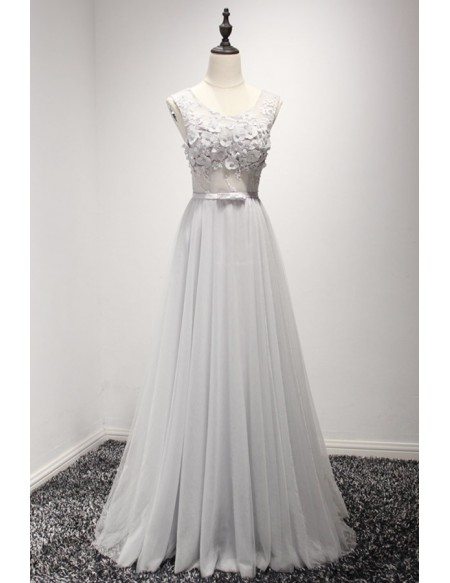 A Line Scoop Neck Tulle Floor Length Appliques Prom Dresses LBQ4322 main image 1