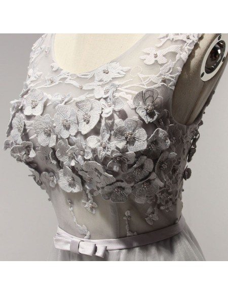 A Line Scoop Floral Applique Prom Dress Floor Length LBQ1018