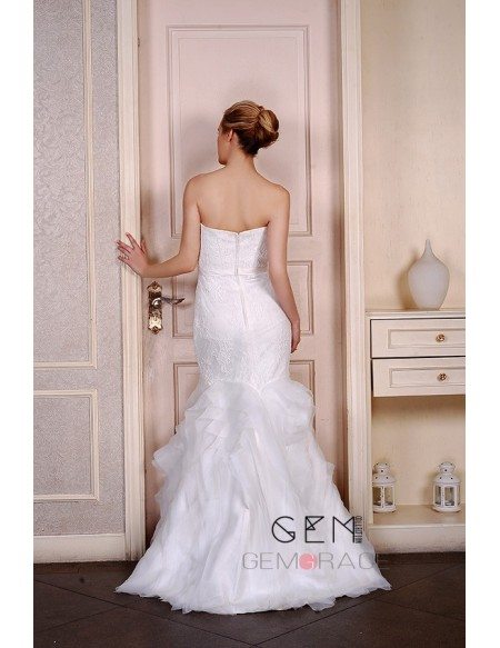 Mermaid Strapless Sweep Train Lace Organza Wedding Dress With Beading
