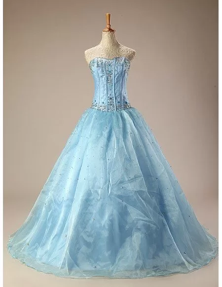 Ball Gown Long Sequined Embroidered Blue Wedding Dress