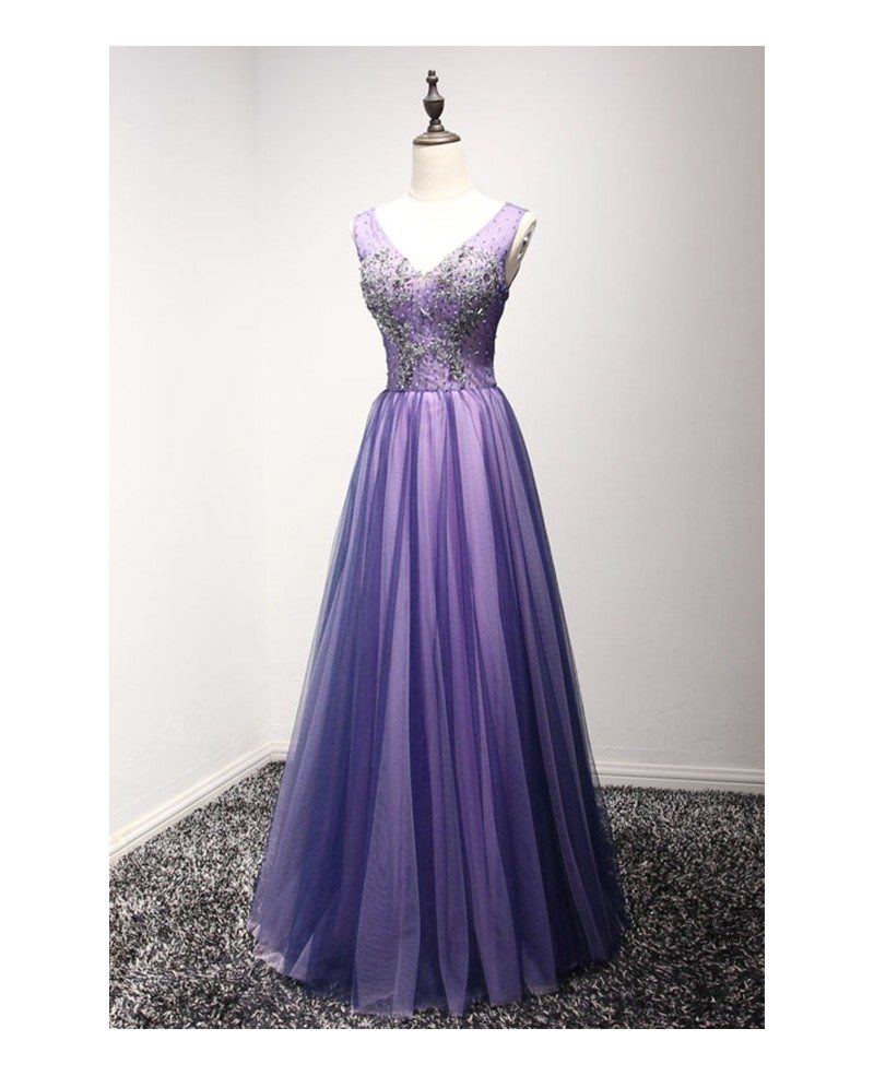 Stunning A-line V-neck Floor-length Tulle Prom Dress With Beading # ...