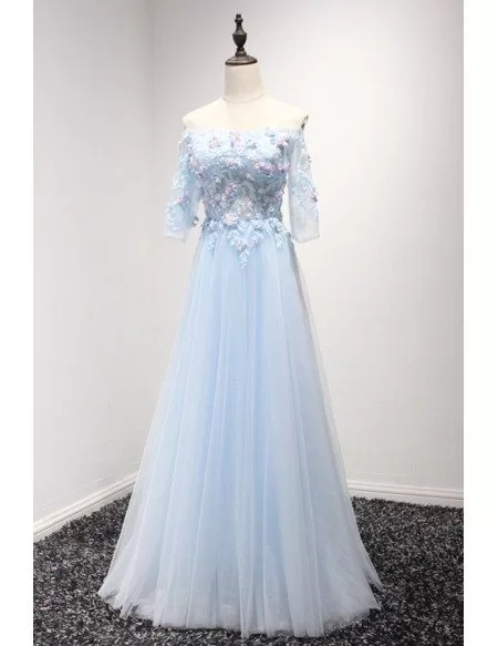 Blue A-line Off-the-shoulder Floor-length Tulle Prom Dress With Flowers ...