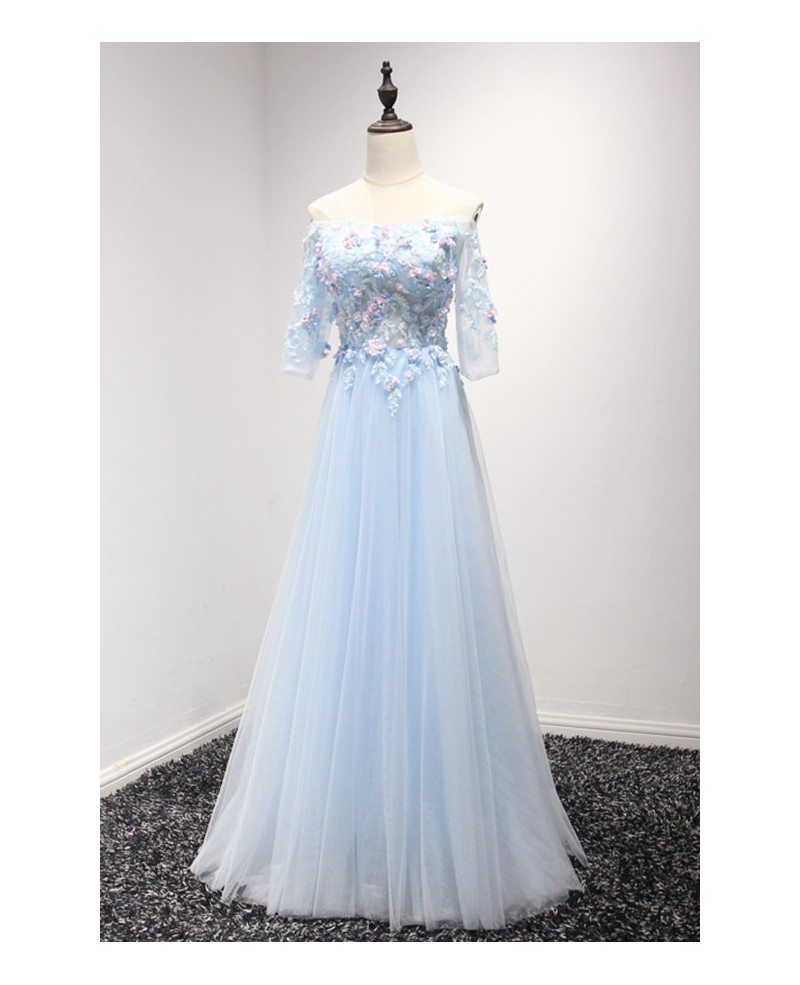 Blue A-line Off-the-shoulder Floor-length Tulle Prom Dress With Flowers ...