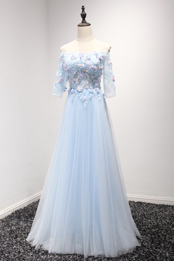 Princess Tulle A Line Blue Flower Prom Dress
