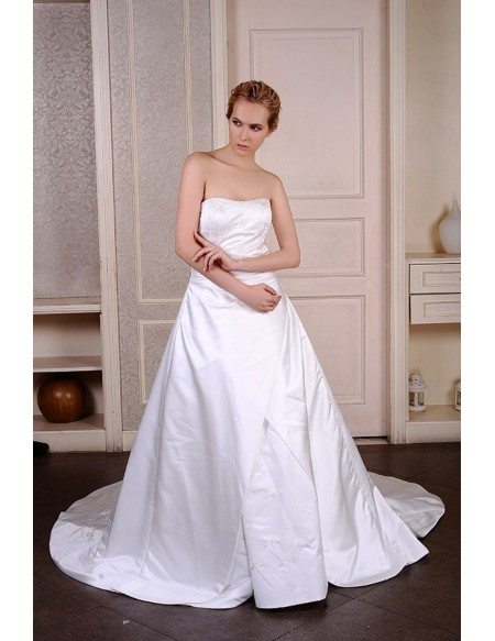 Ball-Gown Strapless Court Train Satin Wedding Dress With Beading