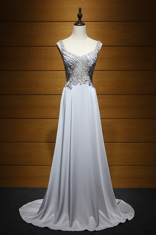 Gorgeous A-line V-neck Sweep Train Satin Chiffon Prom Dress With ...