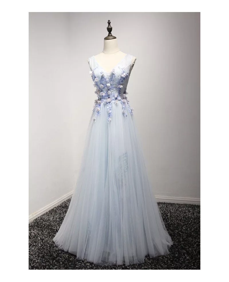 Stunning A Line V Neck Floor Length Tulle Prom Dress With Flowers