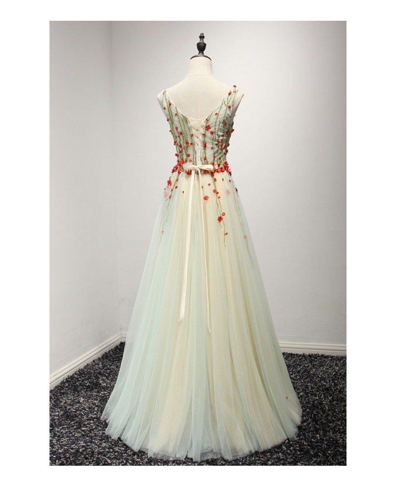A line V Neck Lace Tulle Prom Dress with Beading and Feather