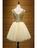 Gold Ball-gown V-neck Short Tulle Homecoming Dress With Beading