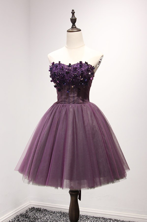 Purple Ball-gown Sweetheart Short Tulle Homecoming Dress With Appliques ...