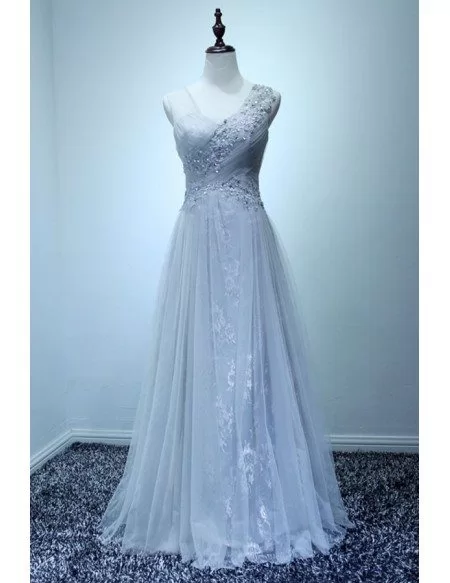 Elegant Appliques Ivory Tulle Floor Length Prom Dress, V neck Long Evening Party Gowns UQ2391
