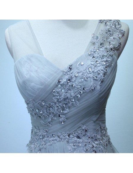 A Line Tulle V Neck Appliques Prom Dress LBQ4096
