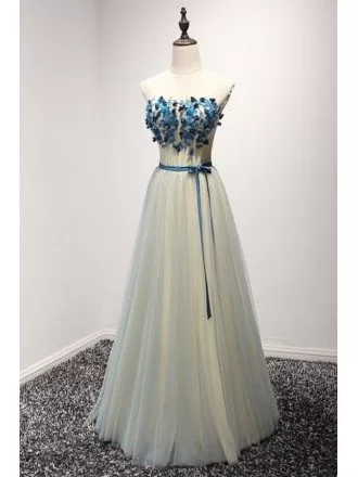 Gorgeous A-line Sweetheart Floor-length Tulle Prom Dress With Appliques Lace