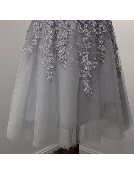 Grey A-line Scoop Neck Short Tulle Homecoming Dress With Beading