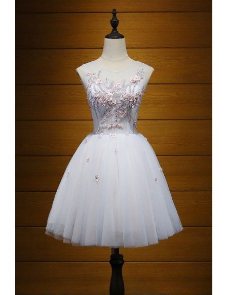 Princess A-line Scoop Neck Short Tulle Homecoming Dress With Appliques ...