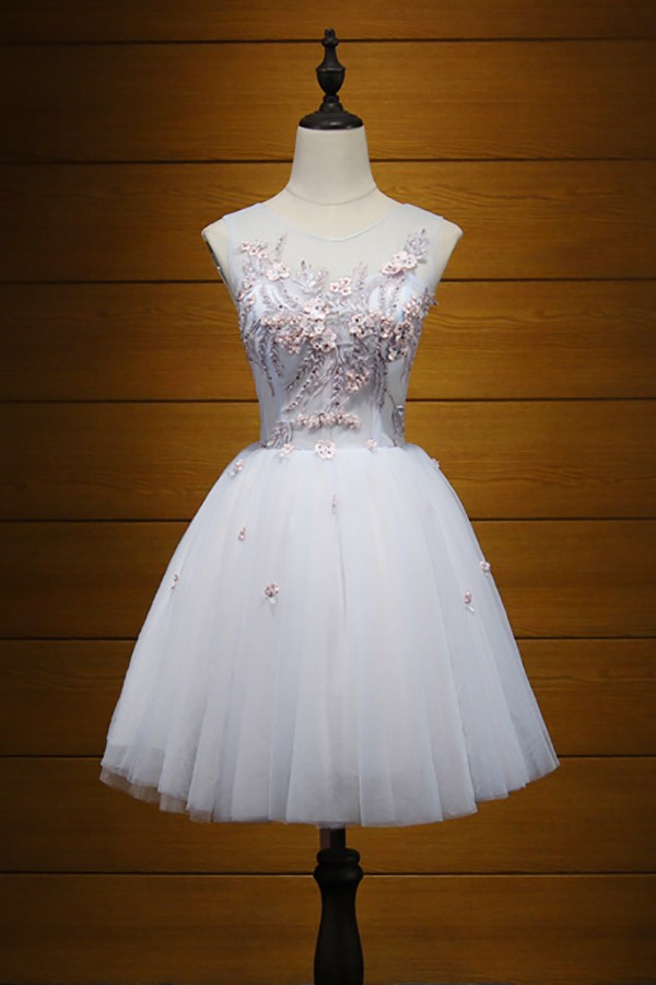 Princess A Line Scoop Neck Short Tulle Homecoming Dress With Appliques