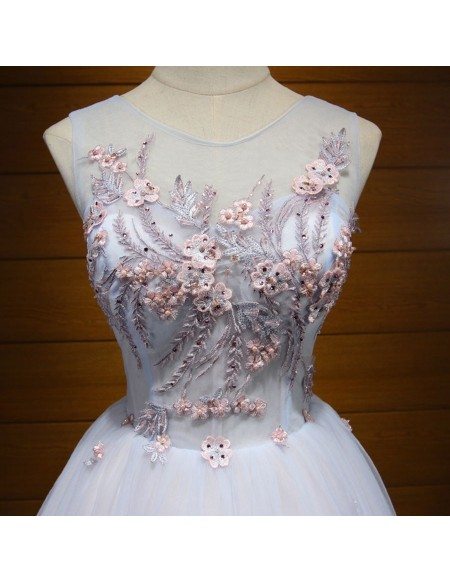 Blue A Line Princess V Neck Backless Appliques Homecoming Dress
