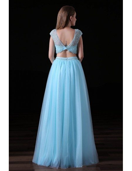A-line Two Pieces Floor-length Tulle Prom Dress With Beading