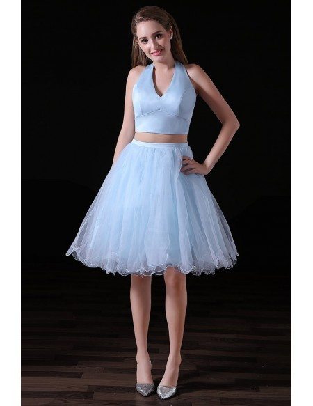 A-line Two Pieces Knee-length Tulle Homecoming Dress With Open Back