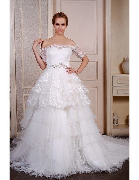 Ball-Gown Off-the-Shoulder Court Train Tulle Wedding Dress With Beading Appliquer Lace Ruffles