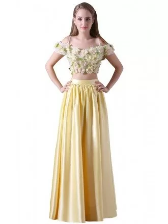 A-line Two Pieces Floor-length Satin Prom Dress With Flowers