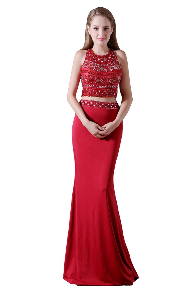 Two Piece Scoop Red Sheath Chiffon Pleats Prom Dress LBQ0418 main image 1