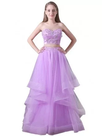 Ball-gown Two Pieces Floor-length Tulle Prom Dress With Beading