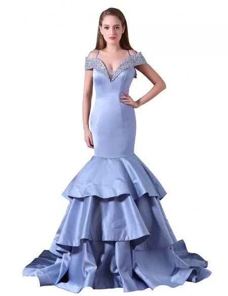 Mermaid Off-the-shoulder Sweep Train Satin Prom Dress With Beading