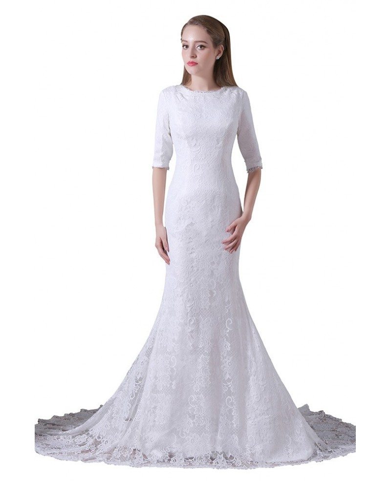 Mermaid Scoop Neck Sweep Train Lace Wedding Dress With Sleeves #A010 ...