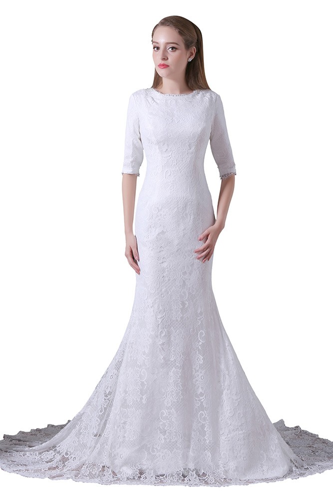 Mermaid Scoop Neck Sweep Train Lace Wedding Dress With Sleeves #A010 ...