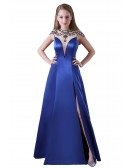 Ball-gown High Neck Floor-length Satin Prom Dress With Beading